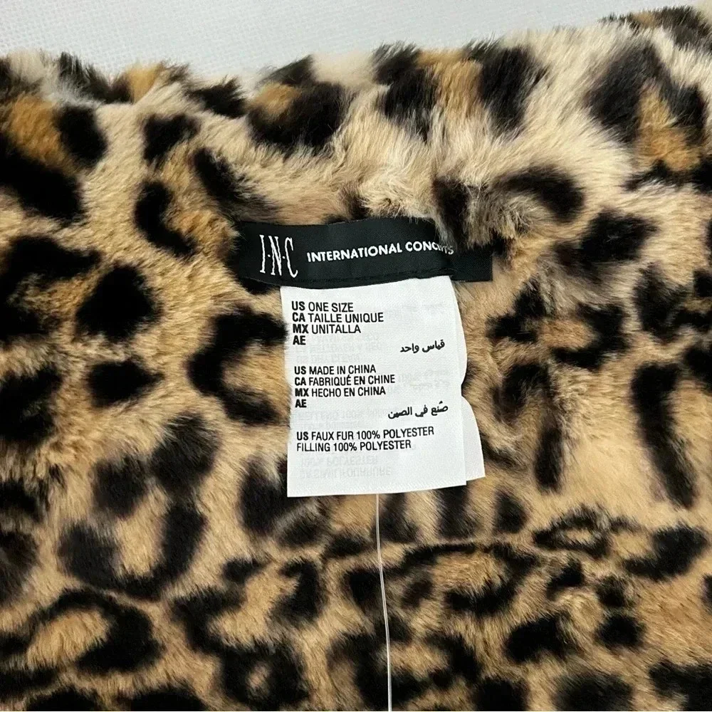 I.N.C Pull-Through Faux -Fur Scarf Leopard Print Black And Brown Soft Cozy